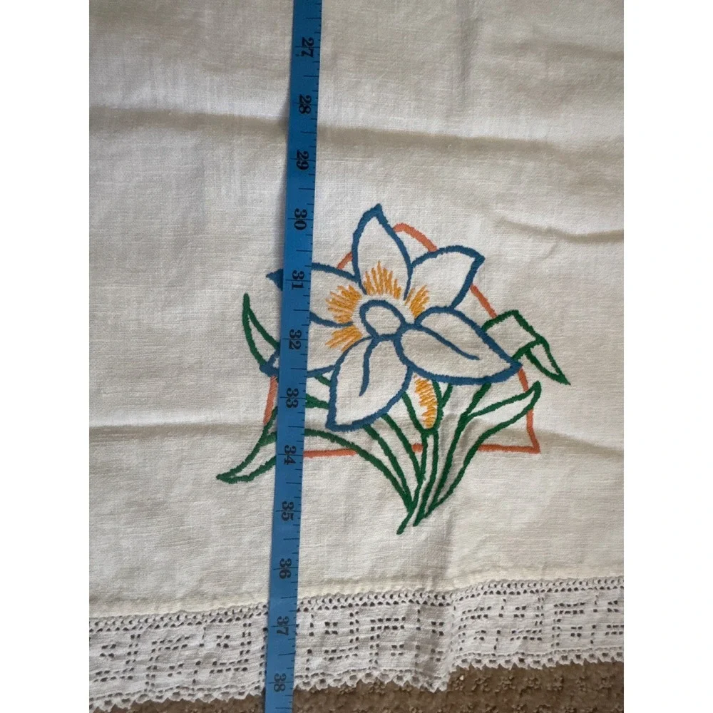 Vintage Cream Linen Tablecloth Crocheted Lace Trim Square 15in Farmhouse Decor